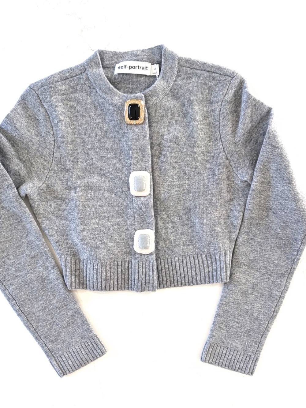 Self-Portrait Cropped Wool Blend Cardigan Sweater XS Grey Melange Gold Statement